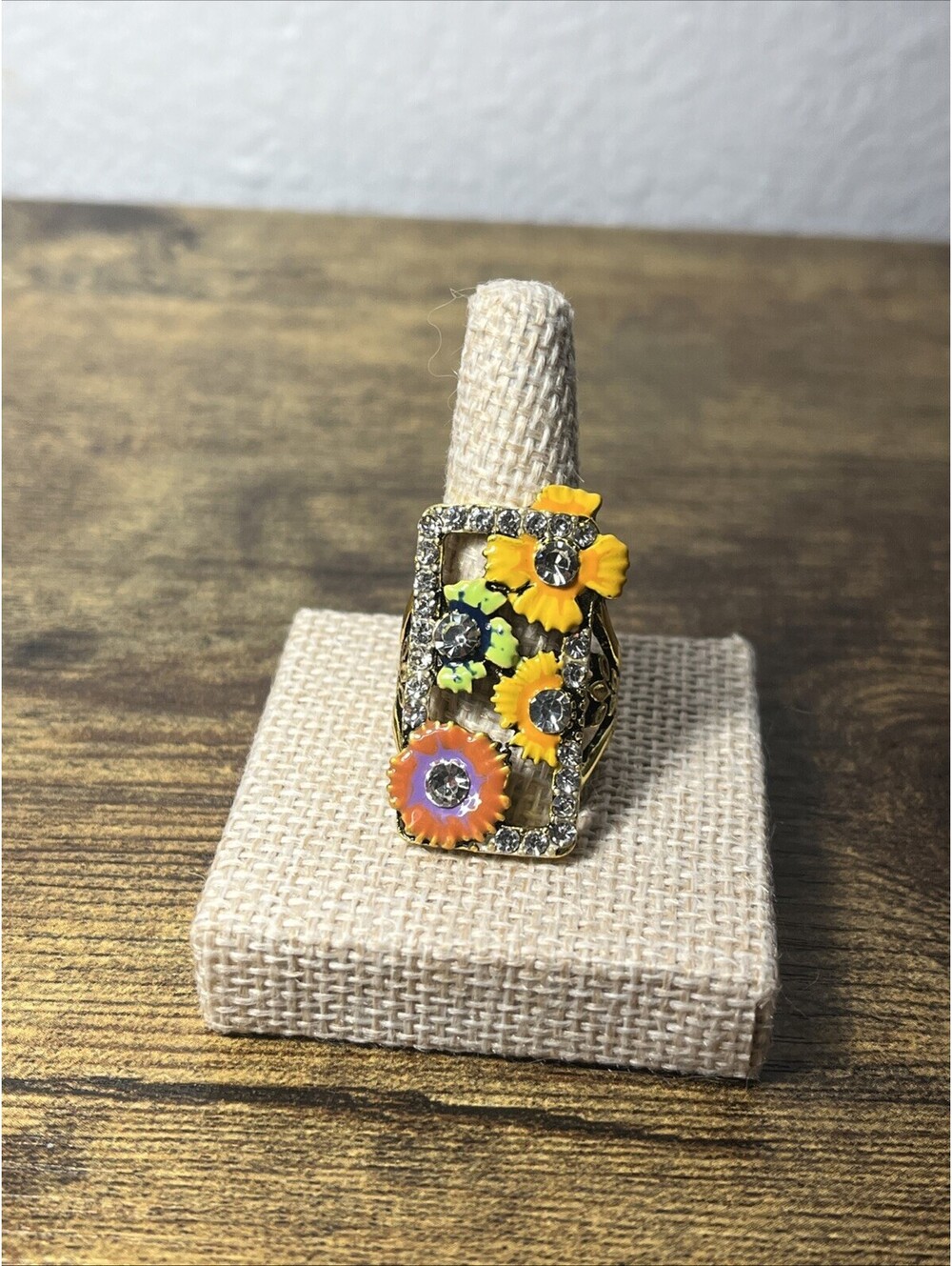 Colorful Floral Statement Ring Rinestone Enamel Gold Tone Costume Jewelry